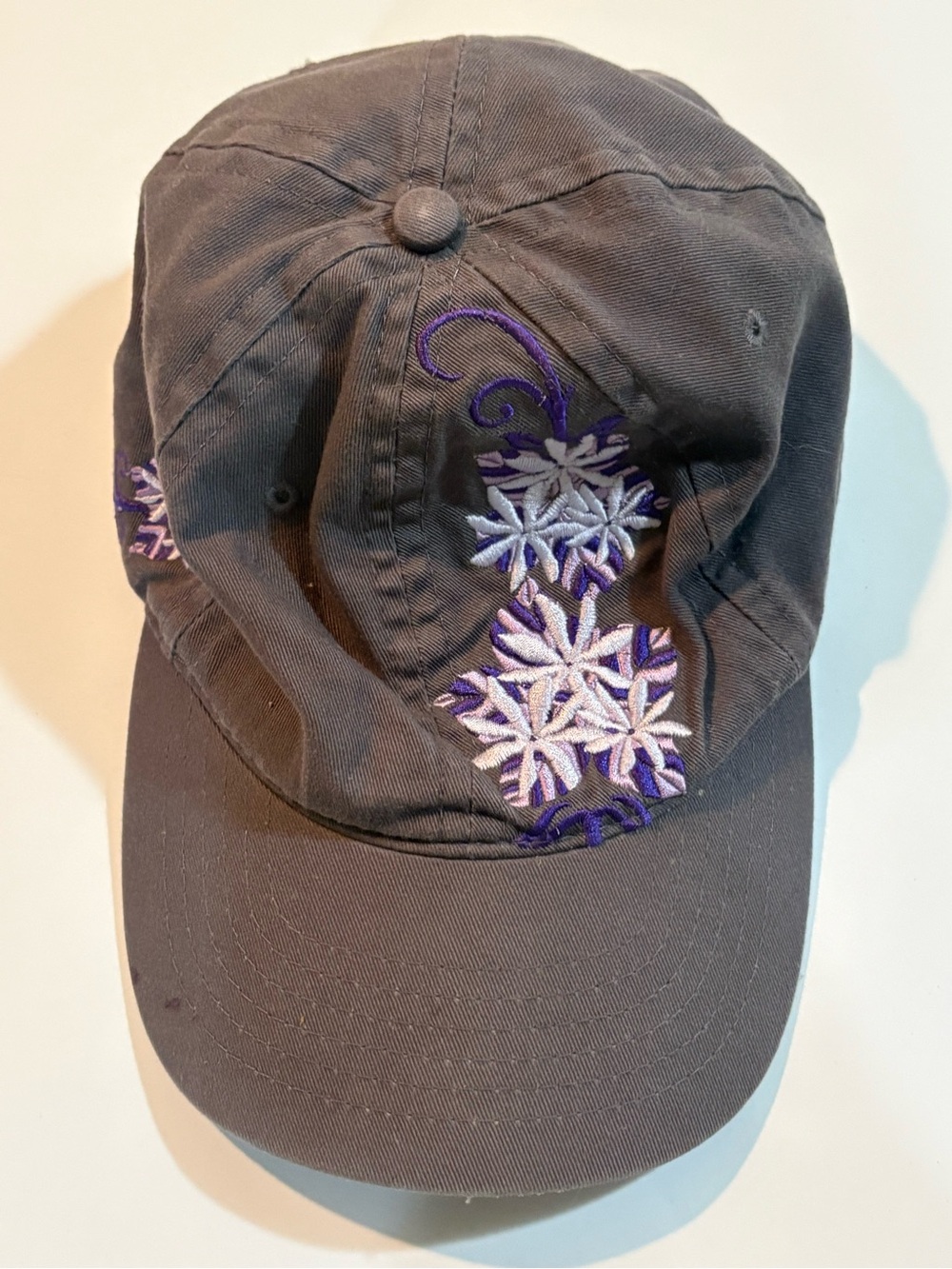 Crazy Shirts Embroidered Floral Strapback Cap in Taupe with Purple Accents
